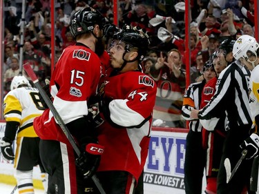 The Ottawa Senators taking on the Pittsburgh Penguins during game six of the eastern conference finals at the Canadian Tire Centre in Ottawa Tuesday May 23, 2017. Ottawa Senators celebrate their victory against the Penguins Tuesday night in Ottawa. The Senators defeated the Penguins 2-1. Tony Caldwell