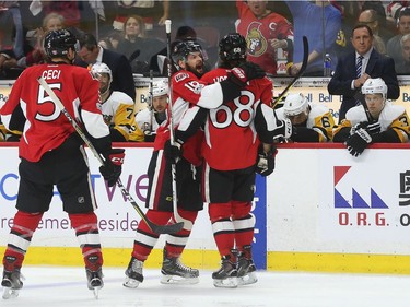 The Ottawa Senators taking on the Pittsburgh Penguins during game six of the eastern conference finals at the Canadian Tire Centre in Ottawa Tuesday May 23, 2017. Ottawa Senators Mike Hoffman scores on Penguins goalie Matthew Murray during third period action Tuesday night in Ottawa. The Senators defeated the Penguins 2-1. Tony Caldwell