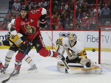 The Ottawa Senators taking on the Pittsburgh Penguins during game six of the eastern conference finals at the Canadian Tire Centre in Ottawa Tuesday May 23, 2017. Ottawa Senators Ky;e Turris tries to tip the puck past Matthew Murray from the Penguins during first period action Tuesday night in Ottawa. Tony Caldwell