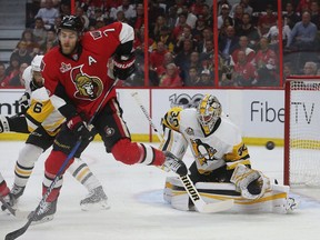 The Ottawa Senators taking on the Pittsburgh Penguins during game six of the eastern conference finals at the Canadian Tire Centre in Ottawa Tuesday May 23, 2017. Ottawa Senators Ky;e Turris tries to tip the puck past Matthew Murray from the Penguins during first period action Tuesday night in Ottawa. Tony Caldwell