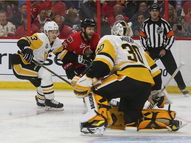 The Ottawa Senators taking on the Pittsburgh Penguins during game six of the eastern conference finals at the Canadian Tire Centre in Ottawa Tuesday May 23, 2017. Senators Zack Smith tries to score on Matthew Murray from the Penguins during first period action Tuesday night. Tony Caldwell