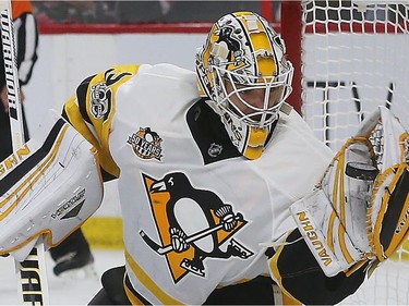 The Ottawa Senators taking on the Pittsburgh Penguins during game six of the eastern conference finals at the Canadian Tire Centre in Ottawa Tuesday May 23, 2017. Matthew Murray from the Penguins makes a save during first period action Tuesday night in Ottawa. Tony Caldwell