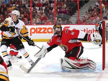Craig Anderson #41 of the Ottawa Senators makes a save against the Pittsburgh Penguins during the first period in Game Six of the Eastern Conference Final during the 2017 NHL Stanley Cup Playoffs at Canadian Tire Centre on May 23, 2017 in Ottawa.