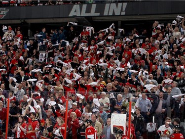 Fans cheer prior to Game Six of the Eastern Conference Final between the Pittsburgh Penguins and the Ottawa Senators during the 2017 NHL Stanley Cup Playoffs at Canadian Tire Centre on May 23, 2017 in Ottawa, Canada.