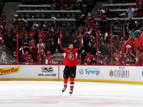 Bobby Ryan celebrates after defeating the Pittsburgh Penguins with a score of 2 to 1 in Game Six on May 23, 2017 in Ottawa, Canada.