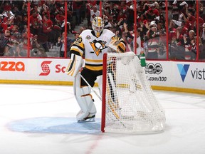 Matt Murray #30 of the Pittsburgh Penguins reacts after giving up a goal to Kyle Turris #7 of the Ottawa Senators during the second period in Game Three of the Eastern Conference Final during the 2017 NHL Stanley Cup Playoffs at Canadian Tire Centre on May 17, 2017 in Ottawa, Canada.