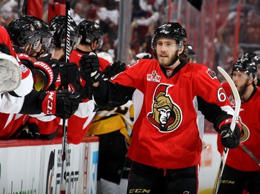 OTTAWA, ON - MAY 17:  Mike Hoffman #68 of the Ottawa Senators celebrates with his teammates after scoring a goal against Marc-Andre Fleury #29 of the Pittsburgh Penguins during the first period in Game Three of the Eastern Conference Final during the 2017 NHL Stanley Cup Playoffs at Canadian Tire Centre on May 17, 2017 in Ottawa, Canada.