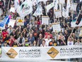 Quebec construction workers during a demonstration as the province wide strike entered its second day Thursday, May 25, 2017 in Montreal.