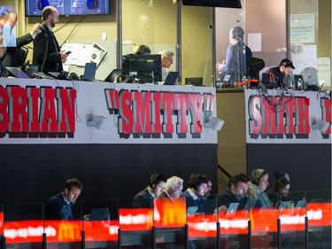 Reporters in the Brian 'Smitty' Smith press box at the Canadian Tire Centre before Game 4.