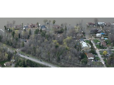 An aerial view of Rockland and the Ottawa River hit by heavy flooding.