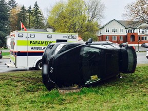 A 48-year-old man was shaken up but not injured when this car flipped at Highcroft Drive and  Manotick Main Street Saturday morning.