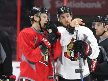 Ryan Dzingel  (L) and Kyle Turris  of the Ottawa Senators during morning practice at Canadian Tire Centre in Ottawa, May 12, 2017.