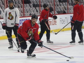 Defenceman Mark Borowiecki, seen here during an on-ice session last Friday, practised with the Senators on Monday and hopes to get the go-ahead to play in Game 6 on Tuesday night.