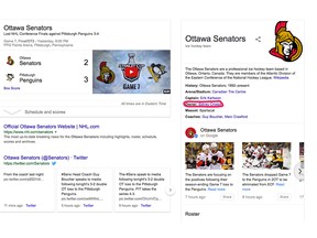 Sidney Crosby is listed as 'owner' of the Ottawa Senators in this Google search result.