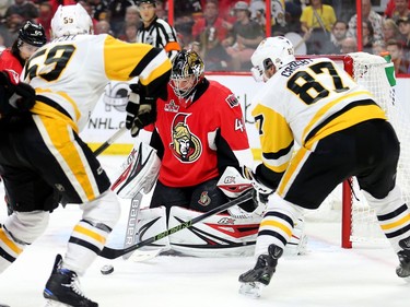 Sidney Crosby fails to control the puck and score  on Craig Anderson in the second period as the Ottawa Senators take on the Pittsburgh Penguins in Game 3 of the NHL Eastern Conference Finals at the Canadian Tire Centre.