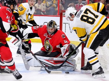 Sidney Crosby puts his own rebound past Craig Anderson in the second period.
