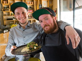 Owner Liam Vainola, left, at Erling's Variety and chef Justin Way with the Glebe restaurant's Canadian-themed dish.