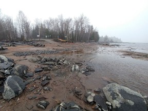 The low water level is seen at the Stonecliffe boat launch in Head, Clara and Maria Township on Sunday, May 7, while those living along the Ottawa River downstream and other waterways have been flooded out.