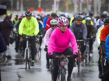 The chilly wet weather didn't stop cyclists from coming out to take part in the CN Cycle for CHEO starting at the Canadian War Museum Sunday May 7, 2017. The 70km race was the first race to get rolling Sunday morning.