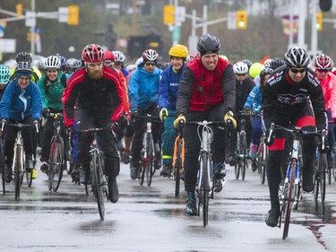 The chilly wet weather didn't stop cyclists from coming out to take part in the CN Cycle for CHEO starting at the Canadian War Museum Sunday May 7, 2017. The 70km race was the first race to get rolling Sunday morning.