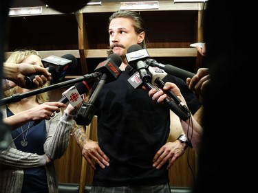 Ottawa Senators captain Erik Karlsson speaks to reporters as the Sens clean out their lockers.