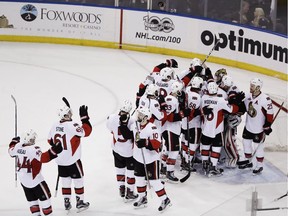 The Ottawa Senators celebrate after Game 6 of an NHL hockey Stanley Cup second-round playoff series against the New York Rangers, Tuesday, May 9, 2017, in New York. The Senators won 4-2.