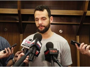 The Ottawa Senators' Clarke MacArthur speaks to reporters as the Sens clean out their lockers.