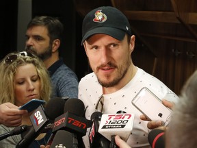 The Ottawa Senators' Dion Phaneuf speaks to reporters after the end of the Eastern Conference final against the Pittsburgh Penguins.