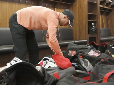 Ottawa Senators goaltender Craig Anderson organizes his equipment as the Sens clean out their lockers at the Canadian Tire Centre.