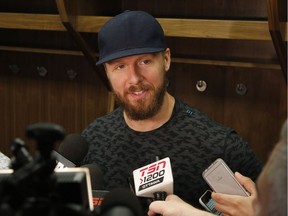 The Ottawa Senators' Marc Methot speaks to reporters as the Sens clean out their lockers at the Canadian Tire Centre.