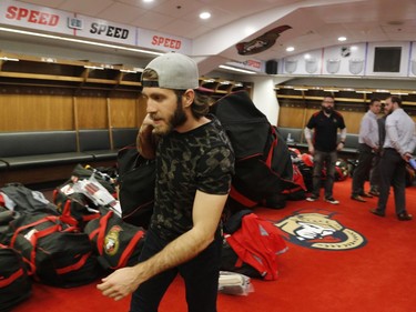 The Ottawa Senators' Mike Hoffman leaves the dressing room after clearing out his locker at the Canadian Tire Centre in Ottawa on Saturday, May 27, 2017.