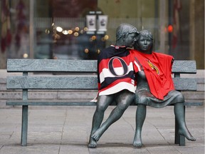 The Secret Bench of Knowledge statue is adorned with Ottawa Senators jerseys Thursday, May 25, 2017, the same day the Ottawa Senators play game 7 of the Eastern Conference Finals against the Pittsburgh Penguins.