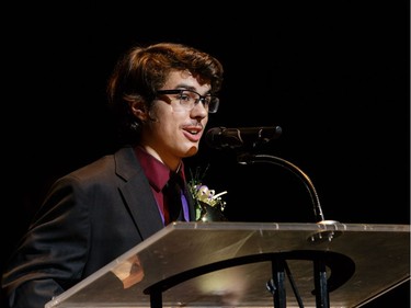 The winner for Choreography: Matthew Erskine accepts the award on behalf of Veronica Simpson (not shown), Woodroffe High School, The Addams Family, accepts their award, during the annual Cappies Gala awards, held at the National Arts Centre, on May 28, 2017, in Ottawa, Ont.