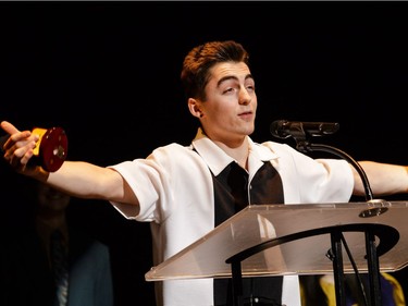 The winner for Comic Actor in a Musical: Lucas Granzotto-Martin, Earl of March Secondary School, The Mystery of Edwin Drood, accepts their award, during the annual Cappies Gala awards, held at the National Arts Centre, on May 28, 2017, in Ottawa, Ont.