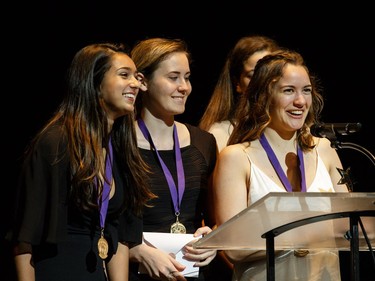 The winners for Ensemble in a Play: The Boys portrayed by Cynthia Sedlezky (R), Alexa Bothwell (2ndFR), Bronte Assadzadeh (2ndFL), and Claudia Finak-Fournier (L), Elmwood School, Blue Stockings, accept their award, during the annual Cappies Gala awards, held at the National Arts Centre, on May 28, 2017, in Ottawa, Ont.