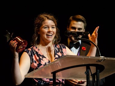 The winner for Female Vocalist: Madi Pimentel, Philemon Wright High School, In The Heights, accepts their award, during the annual Cappies Gala awards, held at the National Arts Centre, on May 28, 2017, in Ottawa, Ont.