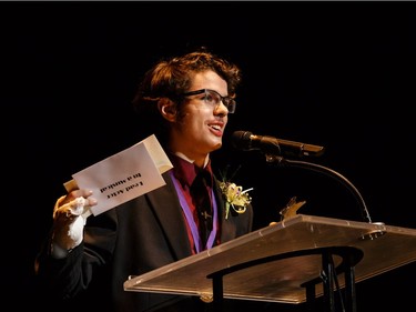 The winner for Lead Actor in a Musical: Matthew Erskine, Woodroffe High School, The Addams Family, accept(s) their award, during the annual Cappies Gala awards, held at the National Arts Centre, on May 28, 2017, in Ottawa, Ont.
