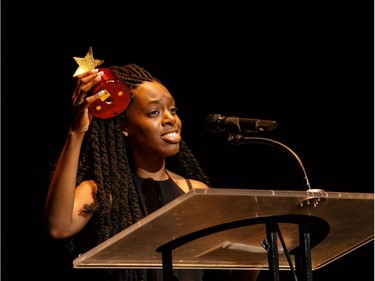 The winner for Lead Actress in a Musical: Shania Coates, Mother Teresa High School, Sister Act, accept(s) their award, during the annual Cappies Gala awards, held at the National Arts Centre, on May 28, 2017, in Ottawa, Ont.
