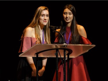 The winners for Make-up: Elmwood Theatre Hair & Makeup Team, Elmwood School, Blue Stockings, Emily Bangsboll (L) and Sheetza McGarry (R) accept their award, during the annual Cappies Gala awards, held at the National Arts Centre, on May 28, 2017, in Ottawa, Ont.