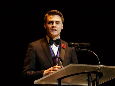 The winner for Male Vocalist: Alex MacDonald, Earl of March Secondary School, The Mystery of Edwin Drood, accepts their award, during the annual Cappies Gala awards, held at the National Arts Centre, on May 28, 2017, in Ottawa, Ont.
