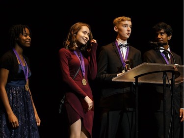 The winners for Special Effects and/or Technology: Atcheleh Aryee (L), Brogahn Gauthier (2FL), Ben Langille (2FR), Rajessen Sanassy (R), Longfields-Davidson Heights Secondary School, Almost Maine, accept their award, during the annual Cappies Gala awards, held at the National Arts Centre, on May 28, 2017, in Ottawa, Ont.