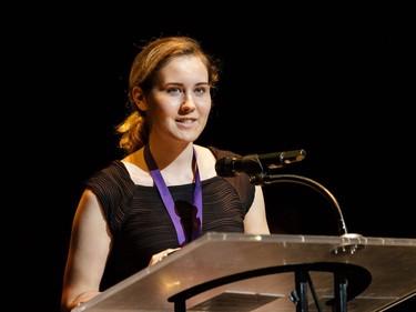 The winner for Supporting Actress in a Play: Claudia Finak-Fournier, Elmwood School, Blue Stockings, accepts their award, during the annual Cappies Gala awards, held at the National Arts Centre, on May 28, 2017, in Ottawa, Ont.