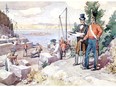 Thomas McKay (top hat) with Lieut.-Col. John By. This painting by Canadian Charles W. Jefferys (1869-1951), entitled Colonel John By, shows the Royal Engineer directing early construction on the Rideau Canal in 1826. (National Archives of Canada. C-73703)
