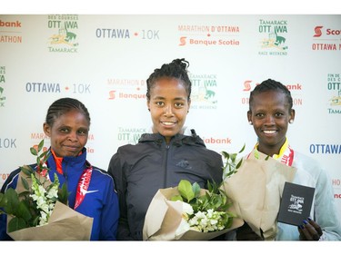 The top women in the 10K were, from left, Paskalia Chepkorir (second place), Netsanet Gudeta (first place) and Monicah Ngige (third place).