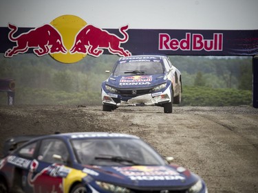 For the first time ever the Red Bull Global Rallycross made a Canadian stop over the weekend at the Canada Aviation and Space Museum. Sebastian Eriksson of the Honda Red Bull OMSE team was gets some air as he comes over the jump on the track Sunday June 18, 2017.   Ashley Fraser/Postmedia
Ashley Fraser, Postmedia