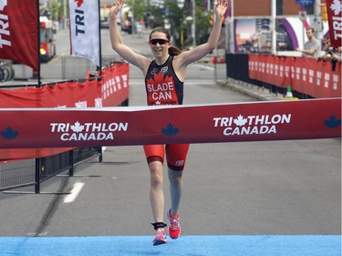 Alicia Slade wins the age group sprint distance exhibition final triathlon at the Ottawa International Triathlon in Ottawa on Sunday, June 18, 2017.