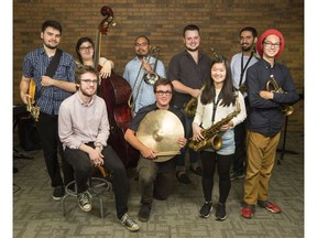 Members of the TD Jazz Youth Summit, an all-Canadian jazz nonet, pose for a photo after their OC Session in the Ottawa Citizen video studio Thursday June 29, 2017.
