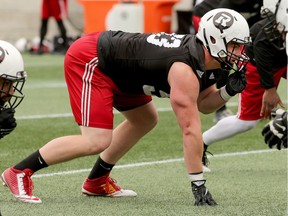 With defensive lineman Connor Williams (concussion) sidelined, Jake Ceresna, above, will make his first CFL start.