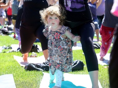 - Little Jane Amoureux, 2, leans on her mom, Emily, while attempting some of the tricky yoga poses.