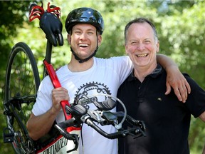 Kyle Williams, 26, with his dad, Steve. Kyle is a recovering addict who is cycling across Canada, from St. John's, to Victoria, to raise money and awareness for treatment centres along the way.